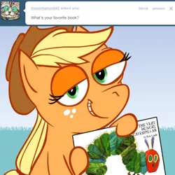 Size: 500x500 | Tagged: safe, artist:hotdiggedydemon, derpibooru import, applejack, earth pony, pony, ask jappleack, ask, female, jappleack, mare, smiling, smirk, solo, the very hungry caterpillar