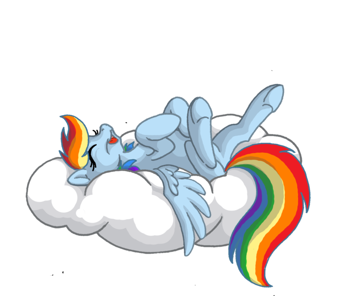 Size: 1614x1399 | Tagged: safe, artist:tirrih, derpibooru import, rainbow dash, pegasus, pony, cloud, eyes closed, female, hooves, legs in air, lying on a cloud, mare, on a cloud, on back, open mouth, simple background, sleeping, solo, transparent background, underhoof, wings