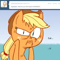 Size: 500x500 | Tagged: safe, artist:hotdiggedydemon, derpibooru import, applejack, earth pony, pony, ask jappleack, angry, ask, female, jappleack, mare, solo, vulgar