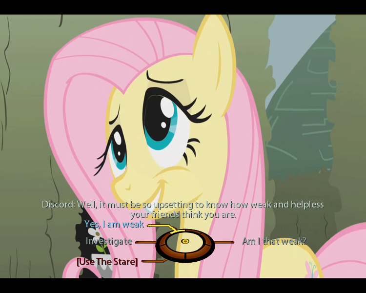 Size: 750x600 | Tagged: dead source, source needed, useless source url, safe, derpibooru import, edit, edited screencap, screencap, discord, fluttershy, earth pony, pony, the return of harmony, crossover, dialogue wheel, female, mare, mass effect, solo