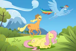 Size: 1920x1280 | Tagged: safe, artist:durger, derpibooru import, applejack, fluttershy, rainbow dash, earth pony, pegasus, pony, eyes closed, female, flying, mare, prone, surreal