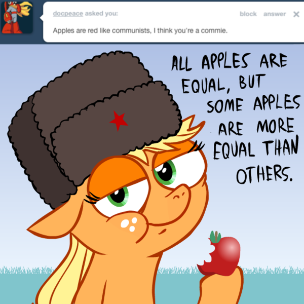 Size: 615x615 | Tagged: safe, artist:hotdiggedydemon, derpibooru import, applejack, earth pony, pony, ask jappleack, animal farm, apple, ask, communism, female, food, harsher in hindsight, hat, jappleack, mare, red star, solo, ushanka