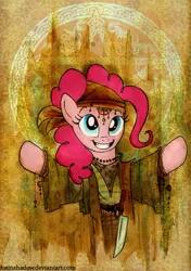 Size: 600x854 | Tagged: safe, artist:foxinshadow, derpibooru import, pinkie pie, earth pony, pony, friendship is witchcraft, abstract background, bipedal, clothes, female, gypsy pie, knife, mare, romani, solo