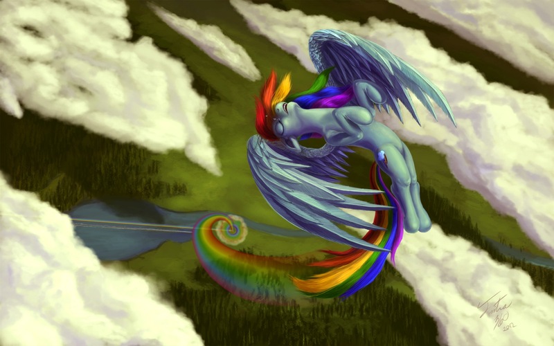 Size: 1920x1200 | Tagged: safe, artist:tsitra360, derpibooru import, rainbow dash, pegasus, pony, bird's eye view, cloud, cloudy, eyes closed, female, flying, mare, rainbow trail, river, solo