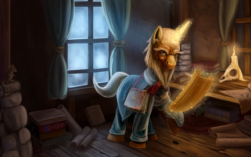Size: 1920x1200 | Tagged: safe, artist:tsitra360, derpibooru import, ponified, pony, rat, unicorn, bald, beard, book, candle, clothes, deckard cain, diablo, glowing horn, mage, magic, male, old, realistic, scroll, skull, solo, stallion, window