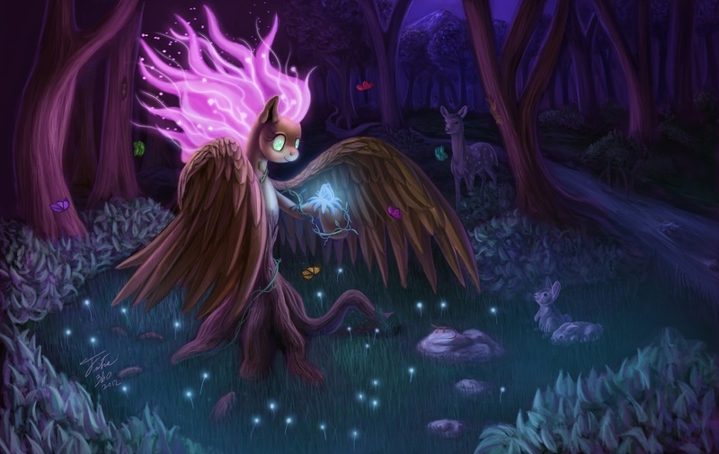 Size: 1920x1213 | Tagged: artist:tsitra360, butterfly, deer, derpibooru import, fluttershy, fluttertree, forest, leafing the dream, rabbit, safe, species swap, transformation, tree