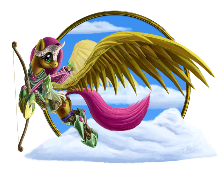 Size: 1024x795 | Tagged: safe, artist:tsitra360, derpibooru import, fluttershy, pegasus, pony, armor, arrow, bow (weapon), female, flying, mare, quiver, smiling, solo, weapon