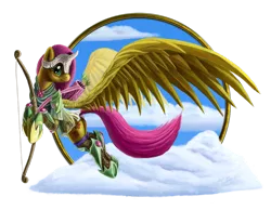 Size: 1024x795 | Tagged: safe, artist:tsitra360, derpibooru import, fluttershy, pegasus, pony, armor, arrow, bow (weapon), female, flying, mare, quiver, smiling, solo, weapon