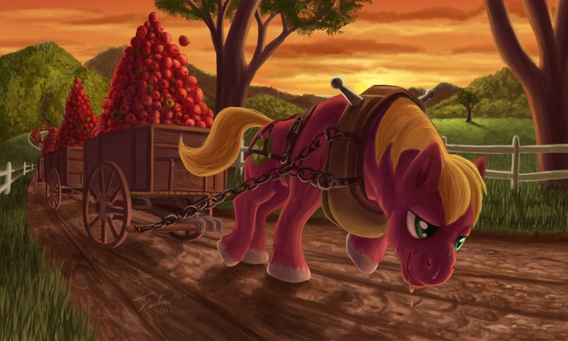 Size: 2000x1200 | Tagged: safe, artist:tsitra360, derpibooru import, big macintosh, earth pony, pony, apple, breeching, cart, chains, fluffy, horse collar, male, pulling, smiling, smirk, solo, stallion, stronk, sweat, tired, working