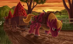 Size: 2000x1200 | Tagged: safe, artist:tsitra360, derpibooru import, big macintosh, earth pony, pony, apple, breeching, cart, chains, fluffy, horse collar, male, pulling, smiling, smirk, solo, stallion, stronk, sweat, tired, working