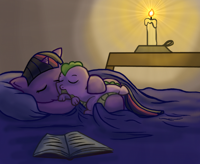 Size: 700x573 | Tagged: safe, artist:whiteeyedcat, derpibooru import, spike, twilight sparkle, dragon, pony, unicorn, baby, baby dragon, baby spike, bed, book, candle, cuddling, female, filly, gimp, male, mama twilight, sleeping, spikelove, unicorn twilight