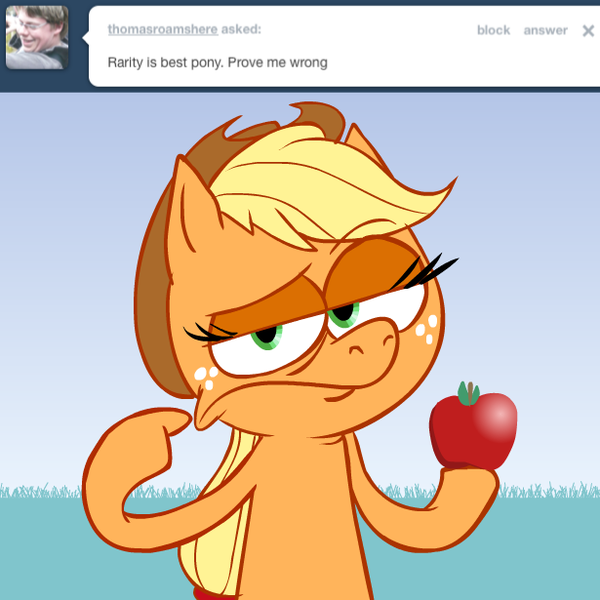 Size: 615x615 | Tagged: safe, artist:hotdiggedydemon, derpibooru import, applejack, earth pony, pony, ask jappleack, apple, ask, female, food, implied rarity, jappleack, mare, solo