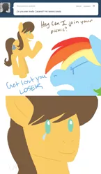 Size: 643x1110 | Tagged: dead source, safe, artist:cartoonlion, derpibooru import, caramel, rainbow dash, earth pony, pegasus, pony, ask, caramel is awesome, crying, duo, female, male, mare, no pupils, simple background, stallion, white background