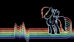 Size: 1920x1080 | Tagged: safe, artist:smockhobbes, derpibooru import, rainbow dash, pegasus, pony, black background, cutie mark, eyes closed, female, glow, hooves, lineart, mare, minimalist, neon, outline, photoshop, rainbow, simple background, solo, soundwave, spread wings, standing, wallpaper, wings