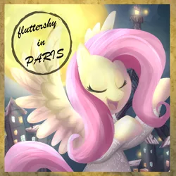 Size: 1000x1000 | Tagged: safe, artist:madmax, derpibooru import, fluttershy, pegasus, pony, a monster in paris, clothes, crossover, dress, eyes closed, female, mare, open mouth, paris, parody, singing, solo, spread wings, white dress