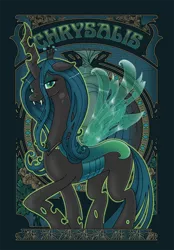 Size: 486x700 | Tagged: safe, artist:hezaa, derpibooru import, queen chrysalis, changeling, changeling queen, bedroom eyes, fangs, female, floppy ears, image, looking at you, modern art, nouveau, png, raised hoof, solo, standing