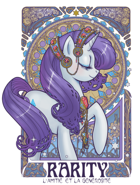 Size: 608x800 | Tagged: dead source, safe, artist:hezaa, derpibooru import, rarity, pony, unicorn, female, french, jewelry, lidded eyes, mare, modern art, nouveau, profile, raised hoof, solo