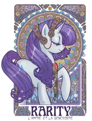 Size: 608x800 | Tagged: dead source, safe, artist:hezaa, derpibooru import, rarity, pony, unicorn, female, french, jewelry, lidded eyes, mare, modern art, nouveau, profile, raised hoof, solo