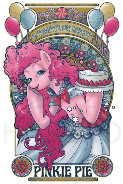 Size: 469x700 | Tagged: dead source, safe, artist:hezaa, derpibooru import, pinkie pie, earth pony, pony, balloon, cake, candy, clothes, dress, female, food, french, lidded eyes, looking at you, mare, modern art, nouveau, solo, watermark