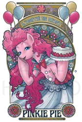 Size: 469x700 | Tagged: dead source, safe, artist:hezaa, derpibooru import, pinkie pie, earth pony, pony, balloon, cake, candy, clothes, dress, female, food, french, lidded eyes, looking at you, mare, modern art, nouveau, solo, watermark