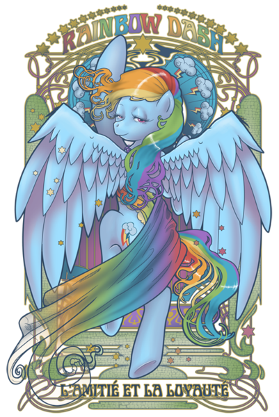 Size: 534x800 | Tagged: dead source, safe, artist:hezaa, derpibooru import, rainbow dash, pegasus, pony, female, french, lidded eyes, looking at you, mare, modern art, nouveau, solo