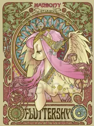 Size: 517x689 | Tagged: dead source, safe, artist:hezaa, derpibooru import, fluttershy, butterfly, pegasus, pony, eyes closed, female, french, mare, modern art, nouveau, profile, solo, watermark
