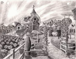 Size: 3228x2496 | Tagged: artist:josh-5410, barn, derpibooru import, grayscale, high res, monochrome, no pony, pencil drawing, safe, scenery, sweet apple acres, traditional art