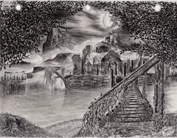 Size: 3235x2510 | Tagged: artist:josh-5410, castle of the royal pony sisters, derpibooru import, fog, high res, monochrome, no pony, old castle ruins, pencil drawing, ruins, safe, scenery, traditional art
