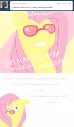 Size: 639x1092 | Tagged: dead source, safe, artist:cartoonlion, derpibooru import, fluttershy, pegasus, pony, apologetic, ask, female, mare, no pupils, solo, sunglasses, vulgar