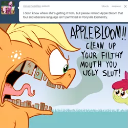 Size: 615x615 | Tagged: safe, artist:hotdiggedydemon, derpibooru import, apple bloom, applejack, earth pony, pony, ask jappleack, applebuse, ask, duo, female, filly, hypocrisy, ironic, irony, jappleack, mare, vulgar