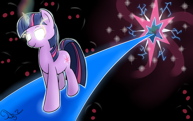 Size: 1440x900 | Tagged: safe, artist:twilightsquare, derpibooru import, pinkie pie, twilight sparkle, pony, unicorn, female, glowing eyes, magic, mare, solo, unicorn twilight