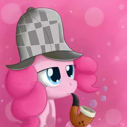 Size: 2000x2000 | Tagged: dead source, safe, artist:polkin, derpibooru import, pinkie pie, earth pony, pony, mmmystery on the friendship express, abstract background, bubble, bubble pipe, deerstalker, detective, female, hat, high res, mare, pipe, solo