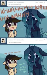 Size: 640x1024 | Tagged: safe, artist:pekou, derpibooru import, queen chrysalis, oc, changeling, changeling queen, pegasus, pony, ask chrysalis, crying, cute, cutealis, dialogue, duo, female, floppy ears, image, mare, png, tumblr, uncomfortable