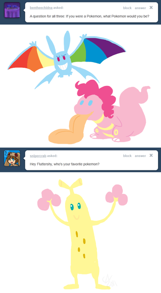 Size: 654x1193 | Tagged: artist:cartoonlion, ask, colored wings, crobat, crossover, dead source, derpibooru import, flutterdashpie, fluttershy, fluttertree, lickitung, multicolored wings, pinkie pie, pokefied, pokémon, rainbow dash, rainbow wings, safe, simple background, species swap, sudowoodo, white background