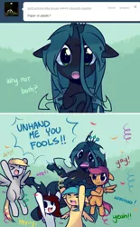 Size: 640x1029 | Tagged: safe, artist:pekou, derpibooru import, derpy hooves, queen chrysalis, scootaloo, oc, alicorn, changeling, changeling queen, pegasus, pony, ask chrysalis, alicorn oc, carrying, cheering, cute, cutealis, dialogue, female, filly, floppy ears, image, looking at you, mare, non-consensual cuddling, png, tumblr, why not both