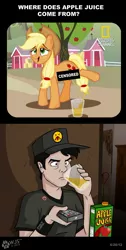 Size: 801x1595 | Tagged: suggestive, artist:wolfjedisamuel, derpibooru import, applejack, earth pony, human, pony, apple juice, censor bar, censored, comic, female, fetish, furzi, image, implied piss drinking, jpeg, male, mare, peegasm, peeing in cup, pissing, relief, television, urine, watersports