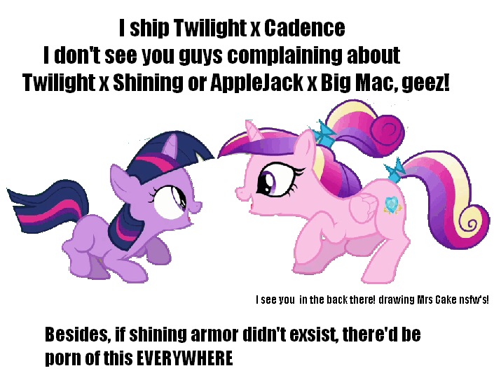 Size: 705x543 | Tagged: safe, derpibooru import, princess cadance, twilight sparkle, alicorn, pony, unicorn, duo, eye contact, female, filly, implied applejack, implied applemac, implied big macintosh, implied cup cake, implied incest, implied infidelity, implied shining armor, implied shiningsparkle, implied shipping, implied straight, lesbian, looking at each other, meta, pixelated, shipping, simple background, sunshine sunshine, teen princess cadance, teenager, text, twidance, white background