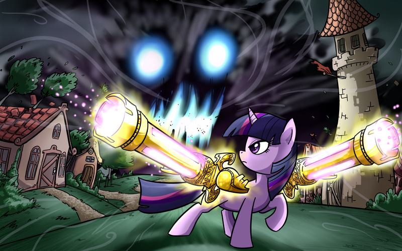 Size: 1920x1200 | Tagged: safe, artist:madmax, derpibooru import, twilight sparkle, pony, unicorn, cannon, darkness, female, looking back, magic, mare, raised hoof, solo, storm, tower, unicorn twilight, wallpaper, weapon, wind