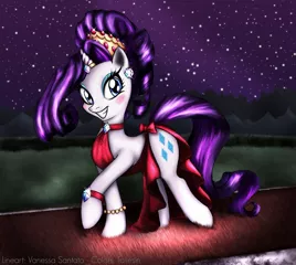 Size: 2179x1954 | Tagged: safe, artist:taliesin-the-dragoon, artist:vanessasan, derpibooru import, rarity, pony, unicorn, alternate hairstyle, blushing, clothes, dress, female, happy, horn jewelry, jewelry, mare, night, photoshop, smiling, solo