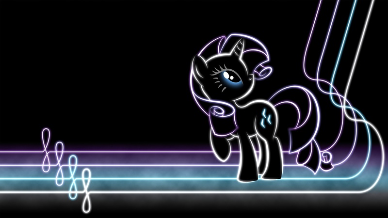 Size: 1920x1080 | Tagged: safe, artist:smockhobbes, derpibooru import, rarity, pony, unicorn, black background, cutie mark, female, glow, hooves, horn, lineart, lines, looking back, mare, minimalist, modern art, neon, photoshop, raised hoof, raised leg, simple background, solo, standing, wallpaper