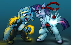 Size: 1240x793 | Tagged: safe, artist:c0nker, derpibooru import, trixie, twilight sparkle, pony, semi-anthro, unicorn, blue background, clothes, crossover, duo, eye contact, female, gradient background, king of fighters, kyo kusanagi, looking at each other, mare, photoshop, ryu, simple background, snk vs capcom, street fighter, unicorn twilight
