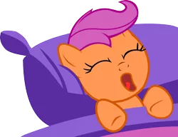 Size: 2000x1533 | Tagged: safe, artist:theoriginalginger, derpibooru import, scootaloo, pegasus, pony, bed, cute, female, filly, pillow, sleeping, solo, yawn