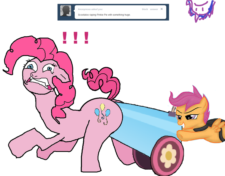 Size: 1326x1038 | Tagged: grimdark, questionable, derpibooru import, pinkie pie, scootaloo, oc, oc:twilight panda, earth pony, pegasus, pony, balloonbutt, exclamation point, female, filly, foalcon, insertion, lesbian, mare, mspaintponies, party cannon, plot, rape, simple background, tumblr, unusual insertion, white background