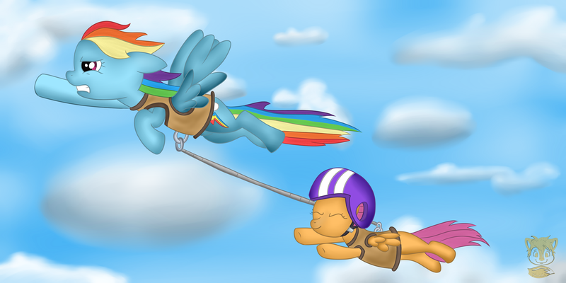 Size: 2500x1250 | Tagged: safe, artist:timidusartifex, derpibooru import, rainbow dash, scootaloo, pegasus, pony, duo, female, filly, flying, flying lesson, harness, helmet, mare, scootaloo can't fly, scootalove, sky, towing