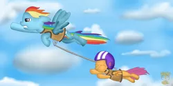 Size: 2500x1250 | Tagged: safe, artist:timidusartifex, derpibooru import, rainbow dash, scootaloo, pegasus, pony, duo, female, filly, flying, flying lesson, harness, helmet, mare, scootaloo can't fly, scootalove, sky, towing