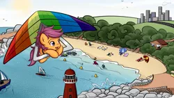 Size: 1920x1080 | Tagged: safe, artist:secret-pony, derpibooru import, scootaloo, pegasus, pony, beach, boat, city, cute, cutealoo, female, filly, hang gliding, lighthouse, open mouth, scootaloo can fly, smiling, solo focus, wallpaper, water