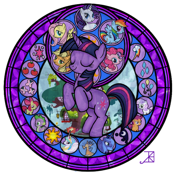 Size: 720x720 | Tagged: safe, artist:akili-amethyst, derpibooru import, apple bloom, applejack, discord, fluttershy, pinkie pie, princess celestia, princess luna, rainbow dash, rarity, scootaloo, spike, sweetie belle, twilight sparkle, dragon, pony, unicorn, cutie mark, cutie mark crusaders, dive to the heart, eyes closed, female, kingdom hearts, mane seven, mane six, mare, rearing, stained glass, station of awakening