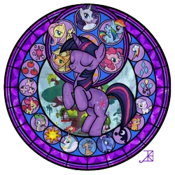 Size: 720x720 | Tagged: safe, artist:akili-amethyst, derpibooru import, apple bloom, applejack, discord, fluttershy, pinkie pie, princess celestia, princess luna, rainbow dash, rarity, scootaloo, spike, sweetie belle, twilight sparkle, dragon, pony, unicorn, cutie mark, cutie mark crusaders, dive to the heart, eyes closed, female, kingdom hearts, mane seven, mane six, mare, rearing, stained glass, station of awakening