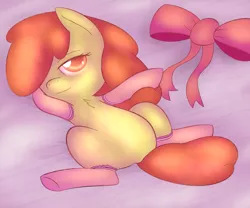 Size: 1200x1000 | Tagged: suggestive, artist:lamia, derpibooru import, apple bloom, earth pony, pony, bedroom eyes, clothes, featureless crotch, female, filly, implied foalcon, looking at you, on back, socks, solo, solo female