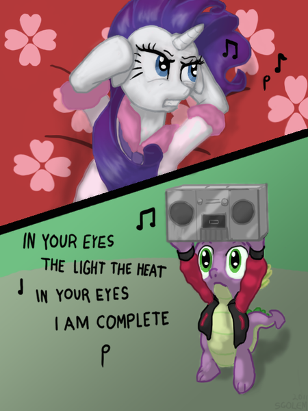 Size: 600x800 | Tagged: safe, artist:sgolem, derpibooru import, rarity, spike, dragon, pony, unicorn, boombox, boombox serenade, clothes, crossover, female, hilarious in hindsight, in your eyes, jacket, male, mare, movie reference, parody, peter gabriel, photoshop, say anything, shipping, song reference, sparity, straight